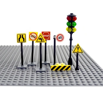 

City street signs bricks Road cross signal Model Kits traffic light building block Accessory Compatible All Brands city signpost
