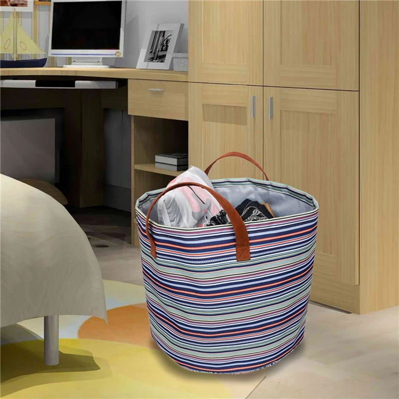 Large Sized Waterproof Folding Laundry Hamper Bucket Cylindrical Burlap Canvas Storage Basket with Stylish Stripe Design