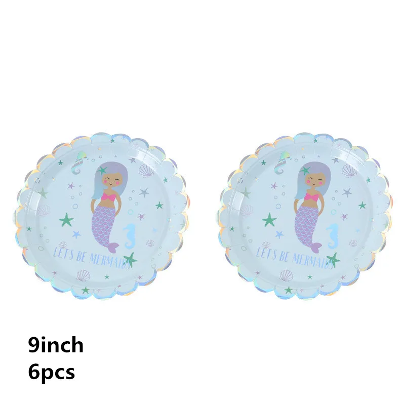 9inch 6pcs plate Праздничный набор для девочек на день рождения, столовая посуда, серебряная детская скатерть с русалочкой, Детские вечерние столовые приборы, тарелка, чашка - Цвет: 9inch 6pcs plate