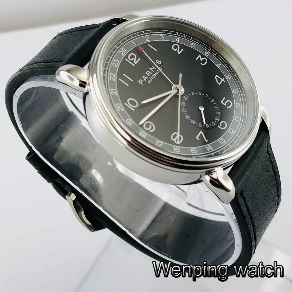Parnis 42 мм GMT Серебряный чехол с черным циферблатом арабский знак Дата Окно кожаный ремешок мужские Топ Досуг автоматические механические часы