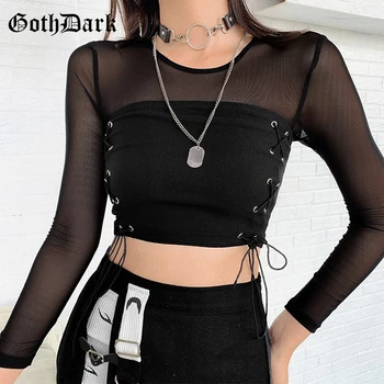 

Goth Dark Gothic Mesh Sexy Black Long Sleeve Crop T-shirts And Punk Bandage With Rivet Strapless Women Autumn Matching Set 2020