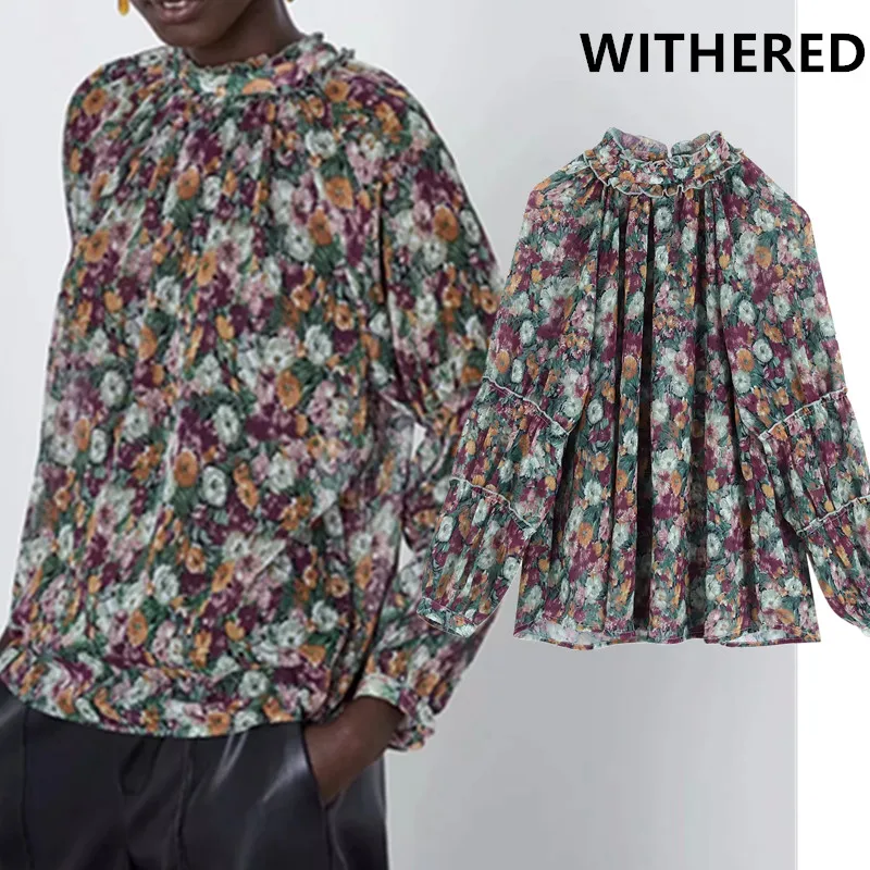 Withered england style vintage floral printing cascading blusas mujer de moda kimono shirt womens tops tshirts plus size