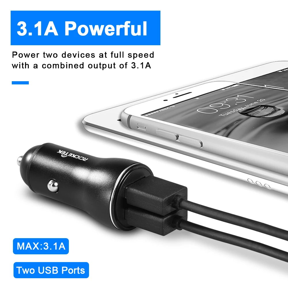 Rocketek цельнометаллическое USB Автомобильное зарядное устройство для мобильного телефона планшета gps 3.1A быстрое зарядное устройство автомобильное зарядное устройство двойной USB автомобильный телефонный адаптер