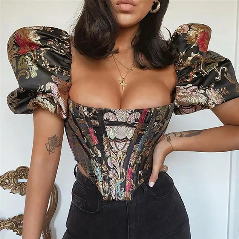 

SYSYWEL Puff Sleeve Women Black Blouses Short Sleeved Embroidered Floral Women Crop Tops Fashion Vintage Party Women Tops Shirt