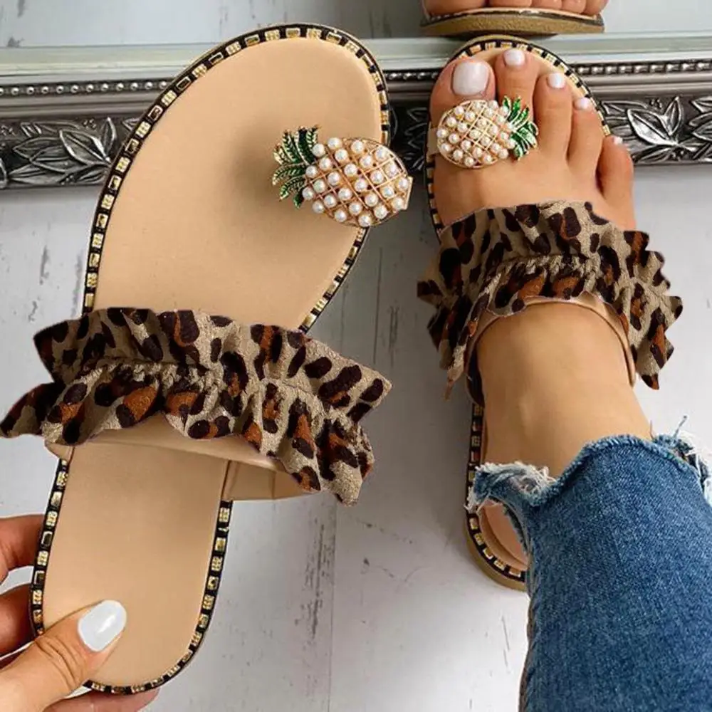 

Ladies women slippers summer flat bottom ladies fashion leisure brand luxury designer leopard print pineapple pearl flip flops
