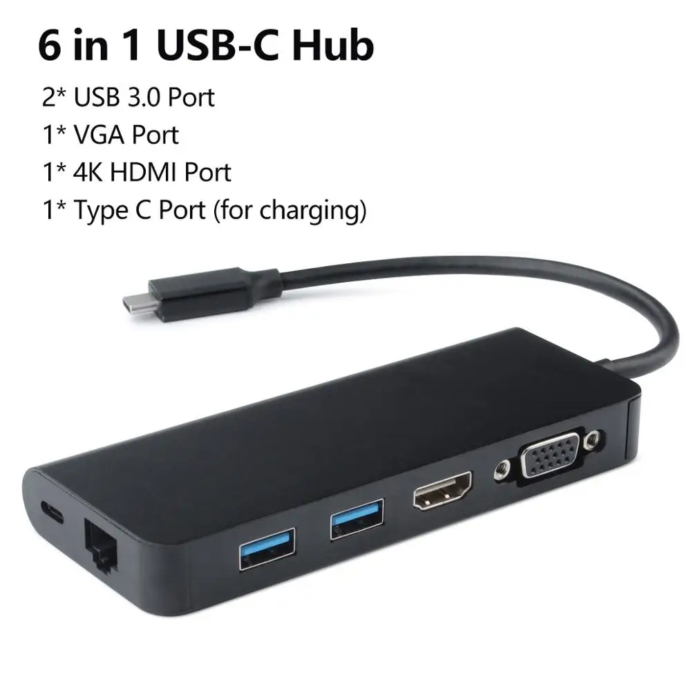 6 в 1 Многофункциональный USB 3,0 концентратор Тип C адаптер с HDMI RJ45 VGA порт для нового MacBook Pro/ Air 13 A1932/huawei/Xiaomi - Цвет: 1676-Black