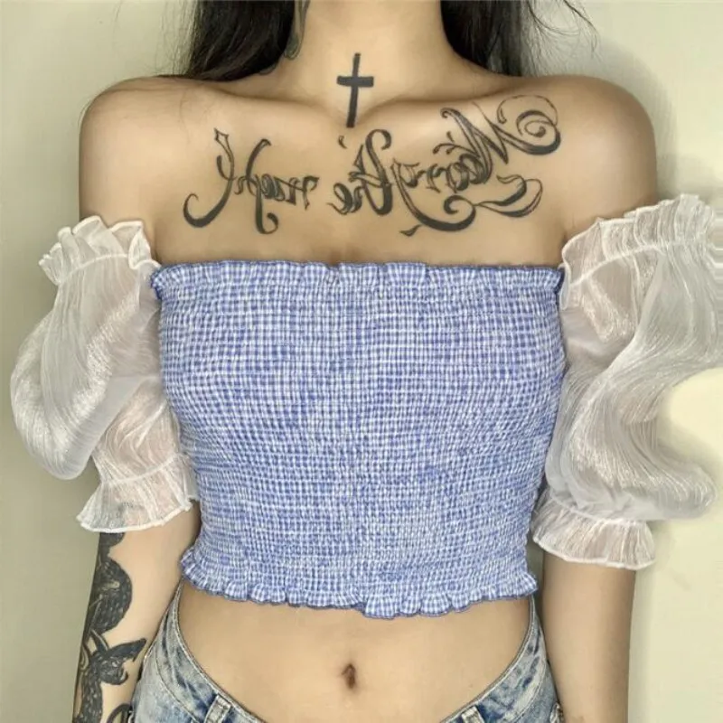 2020 Puff Short Sleeve Mesh Patchwork Sexy Crop Tops Summer Women Fashion Pleated Cute Slash Neck Bodycon  T-Shirts