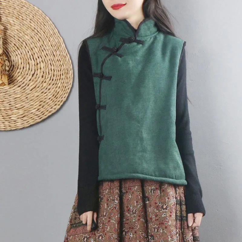 

Autumn Winter New Arts Style Women Sleeveless Stand Collar Solid Vest Thicken Warm Vintage Button Femme Loose Vest Coat A28