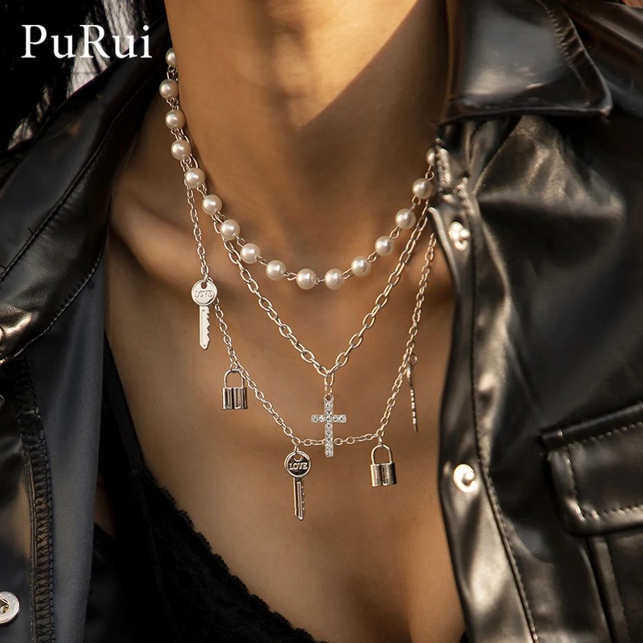 

Vintage Multi Layers Women's Pearl Choker Necklaces Cystal Cross Pendants Necklaces Gothic Padlock Key Lover Jewelry for Women