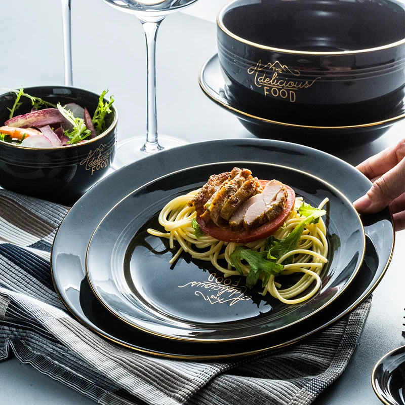 Высокая мода набор посуды черный золотой современный керамический набор посуды миска тарелка миска вилка ложка нож набор столовых приборов