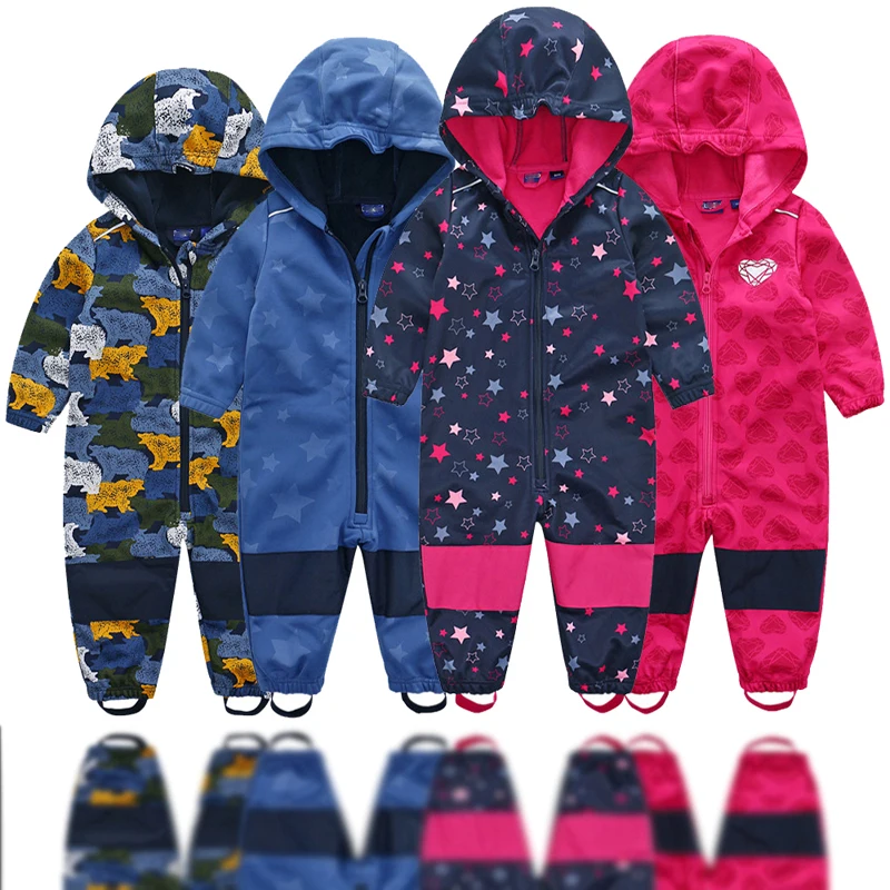 Children's soft shell plus velvet integrated windproof and rainproof jumpsuit Children's waterproof jumpsuit, warm jumpsuit,