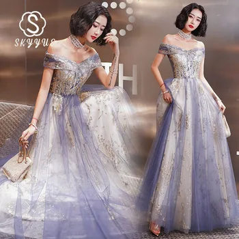 

Sequined Evening Dress Skyyue FR471 Off Shoulder Women Party Dresses Lace Up A-Line Robe De Soiree Purple Long Elegant Gowns
