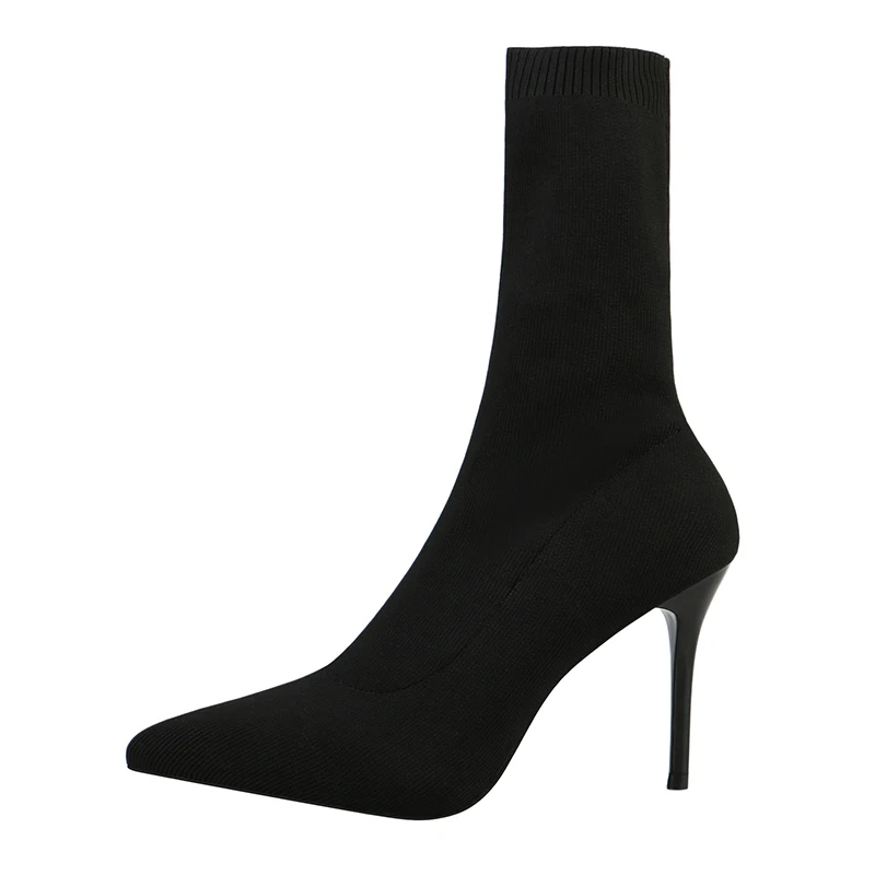 black-heel 9cm Женские сапоги до середины икры с острым носком; женские сапоги на высоком каблуке без застежки; модные элегантные дамские носки; удобные осенние сапоги - Цвет: black-heel 9cm
