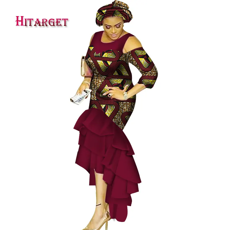 Hitarget 2018 африканские платья для женщин с круглым вырезом Дашики женская одежда хлопок Африканский принт многослойное длинное платье