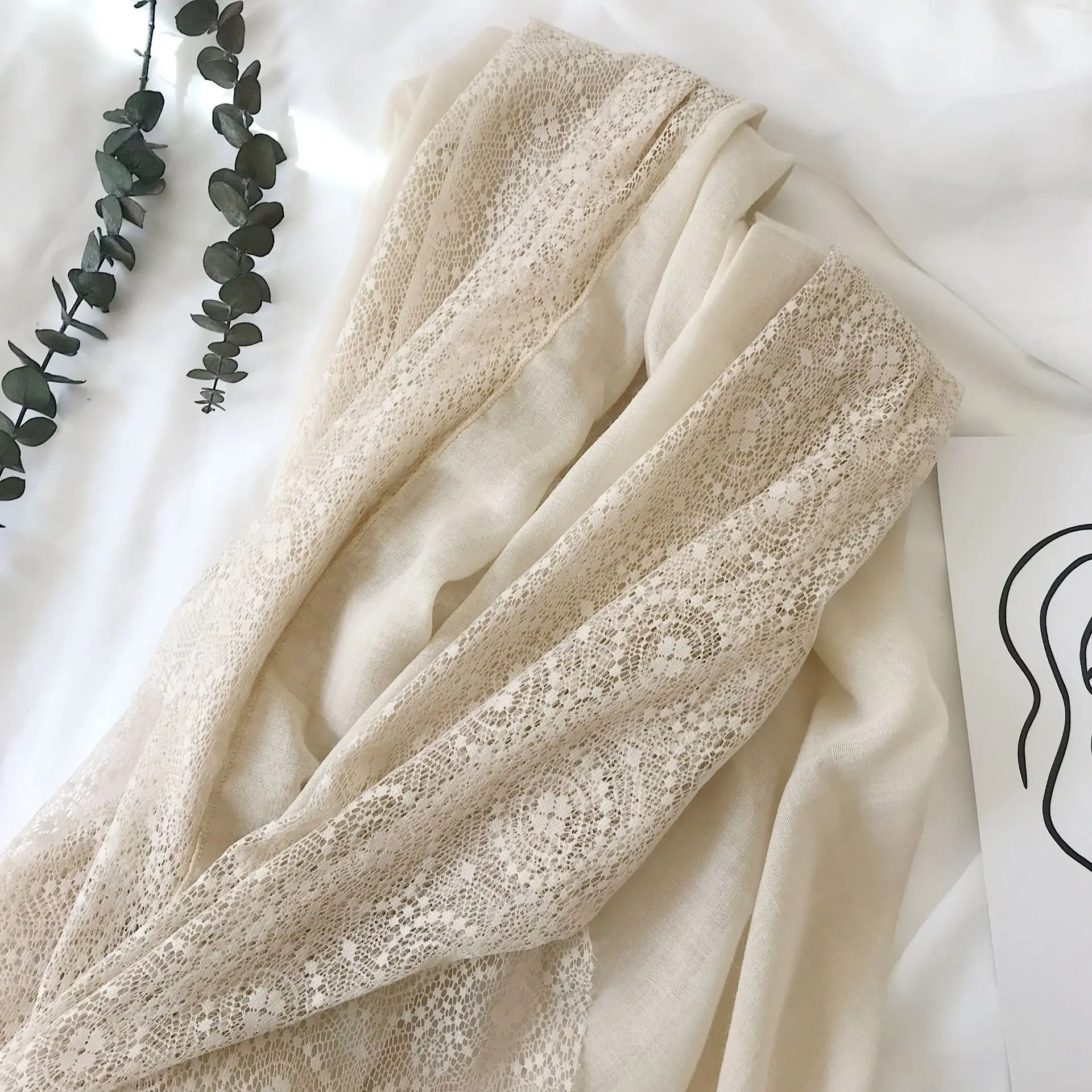 Аксессуары mujer foulard femme кружевной шарф женский осенне-весенний японский стиль сладкий длинный бежевый кружевной хиджаб, Пашмина Шаль