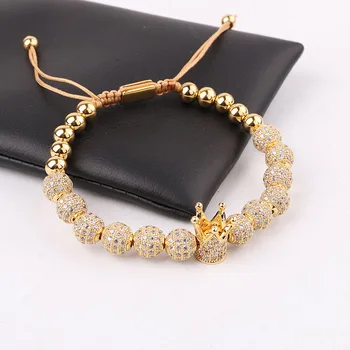 New Design High Quality Luxury 8mm CZ Pave Ball Crown Charms Bracelet Bangle Men Jewelry Gift
