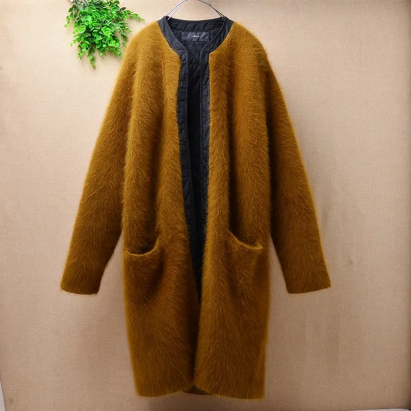 Body91cm chest110cm Элегантные женские толстые теплые длинные норковые кашемировые Свободные с длинными рукавами хлопковые кардиганы из Ангорского меха вязаные свитера зимние пальто - Цвет: Body91cm chest110cm