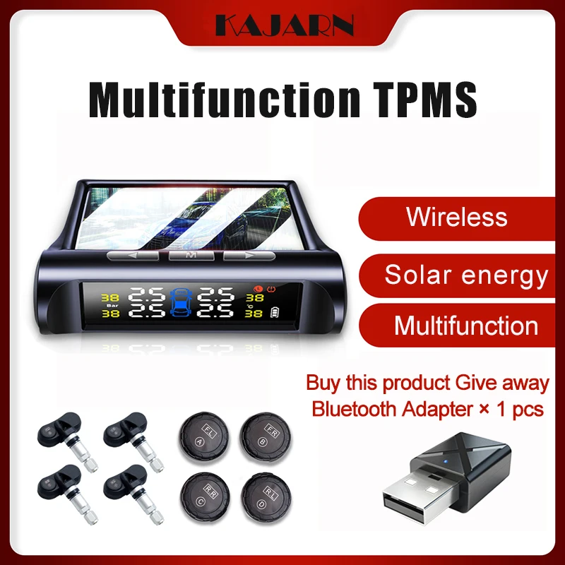 

KAJARN TPMS Tire Pressure Sensor Solar Tire Pressure Monitor System Tyre Pressure Sensor LCD Display 4 External Internal Sensor