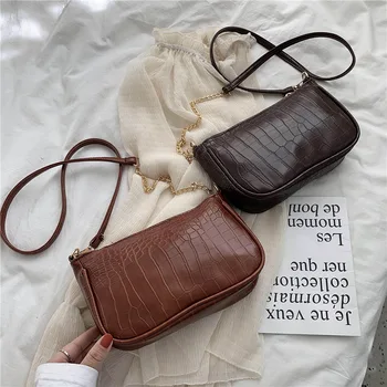 

2020 new crocodile pattern women's single shoulder diagonal female bag chain belt niche bag zipper female bag