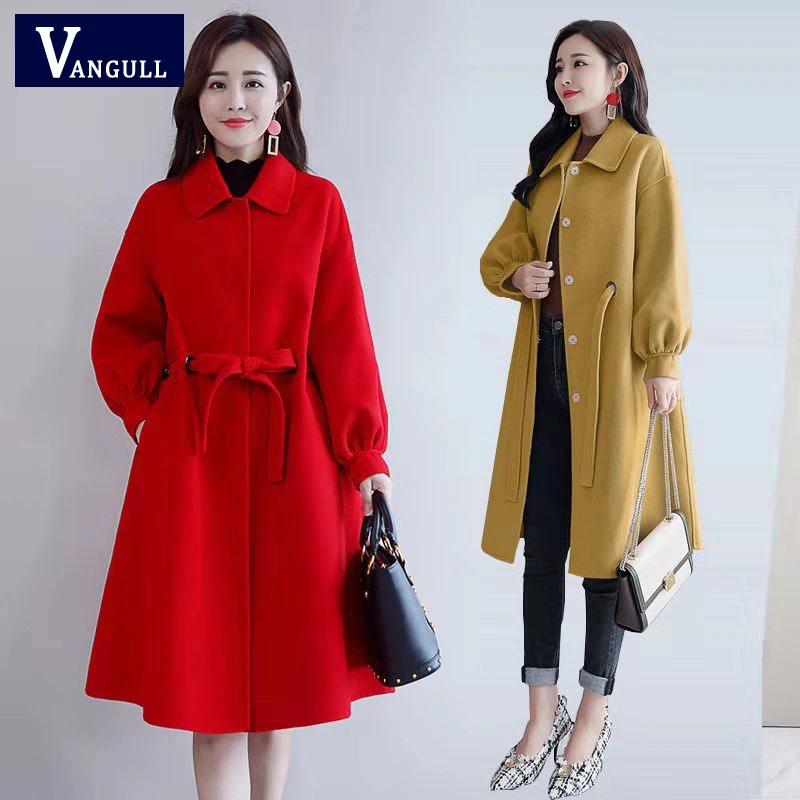 Vangull женские шерстяные пальто зимние двубортные однотонные длинные женские куртки осенние новые элегантные свободные шерстяные двубортное пальто верхняя одежда