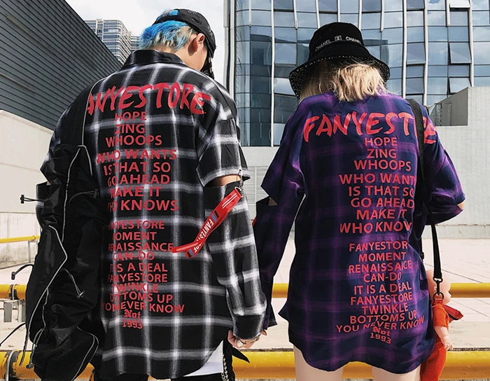 AELFRIC клетчатые печатные ленты мужские рубашки Harajuku уличная пара с длинным рукавом модные хип хоп повседневные хлопковые топы оверсайз