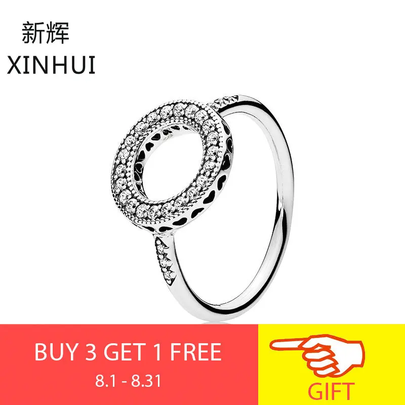 

XINHUI Fine Detail Authentic 925 Sterling Silver Round Ring Hearts of Halo With CZ Rings For Women Wedding Jewelry Party Gifts
