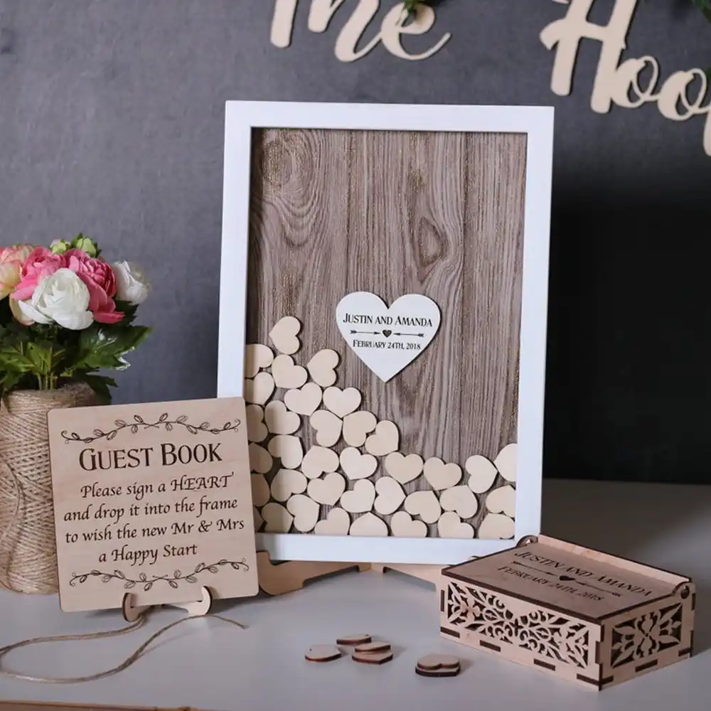 Personalised lilac wedding heart shaped guest book drop box wooden