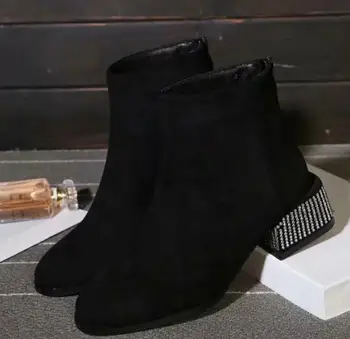 

Women black Flock Ankle Boots Women Back Zipper Boots Woman Rhinestones Heels New Shoes