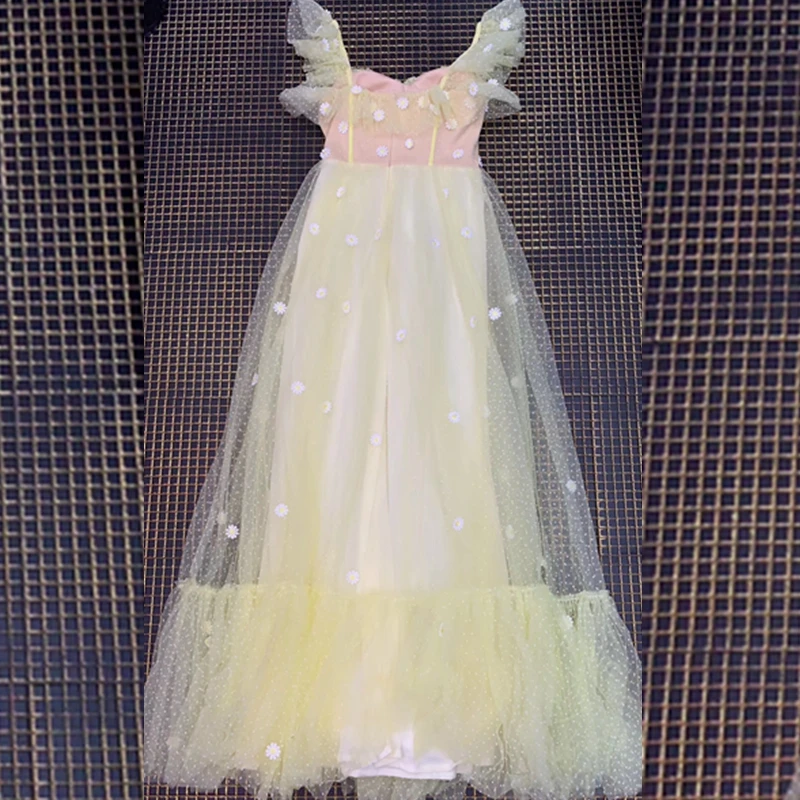 Желтый Сетчатое элегантное котельное макси Vestidos модное платье с аппликацией в виде плиссированная юбка знаменитости и сексуальными тоненькими лямками, стильный Вечеринка длинные платья