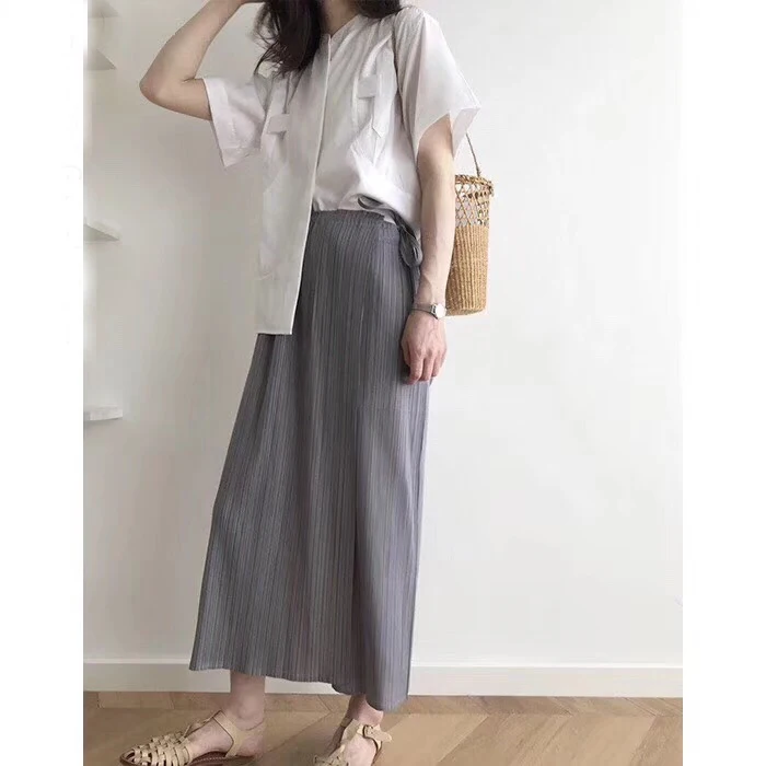 Miyake юбка в складку брюки новые модные оригинальные повседневные свободные брюки длиной до щиколотки Однотонные эластичные с высокой талией плиссированные широкие брюки