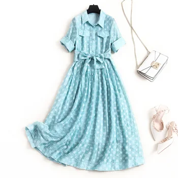

Vintage shirt dress Mid-Calf Sashes A-Line Turn-down Collar robes elegant ete robes femme nouveautes 2020 blue white