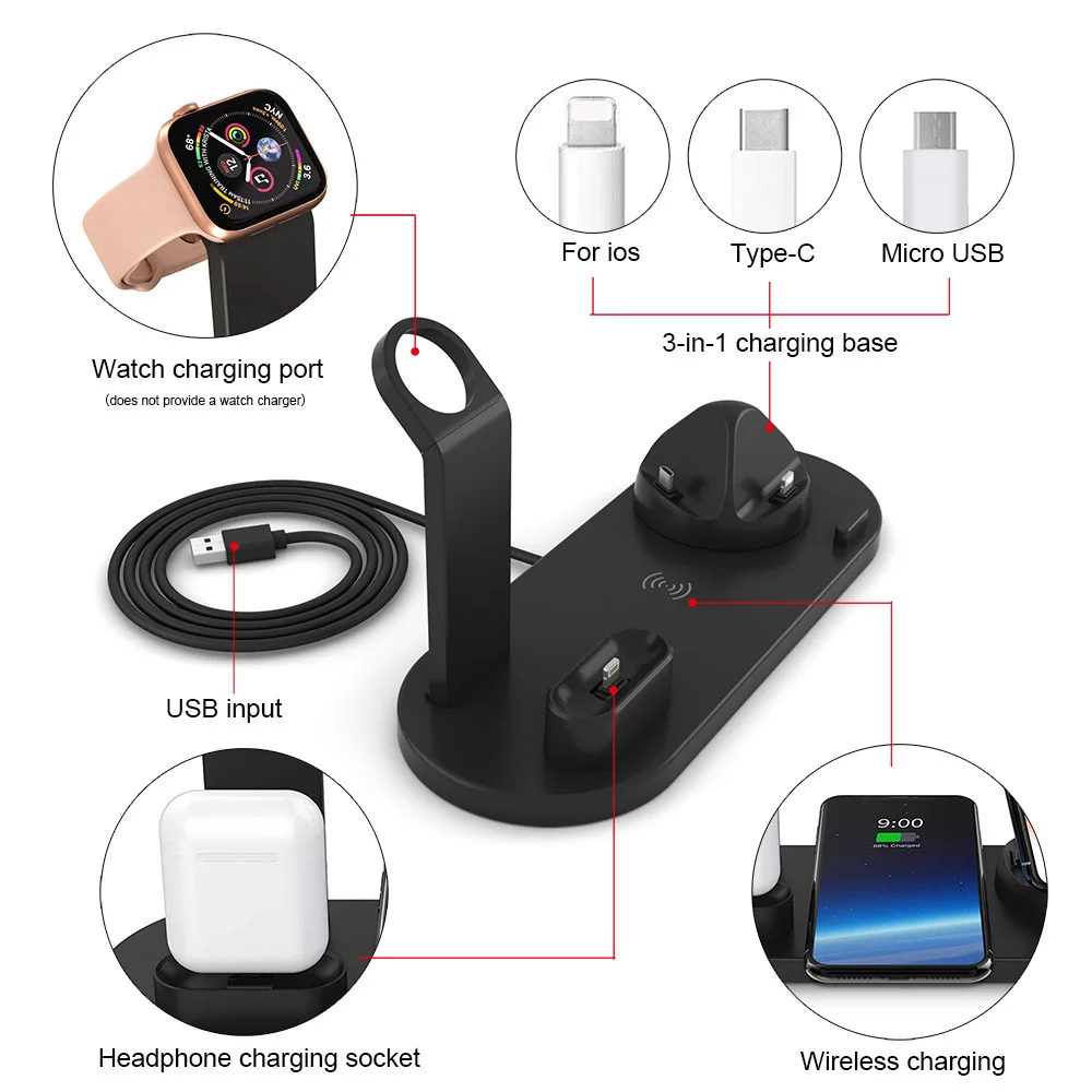 Best DCAE 4 in 1 Qi Wireless Charger For iPhone 11 X XS XR 8 10W USB Type C Fast Charging Dock Stand for Apple Watch 5 4 3 2 Airpods