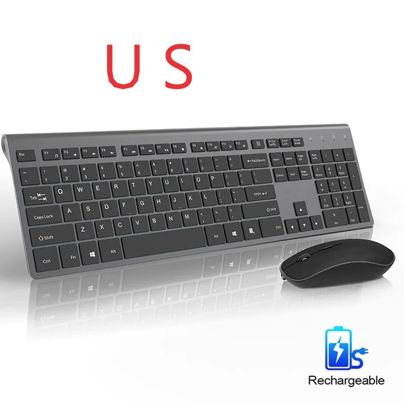 2,4G перезаряжаемая беспроводная мышь и клавиатура, США/Франция/Германия/английский/испанский раскладка, эргономичная Бесшумная мышь - Цвет: United States  black