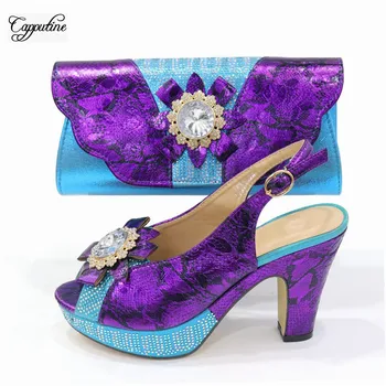 

Fashion Sky Blue And Purple African High Heel Sandal Shoes And Handbag Set For Party CR2129 Heel Height 10cm
