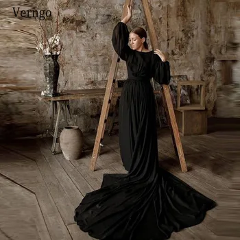 

Verngo Modern Black Puff Long Sleeves Evening Dresses Sexy Backless Formal Dress Vintage 2020 Gothic Bridal Party Gowns
