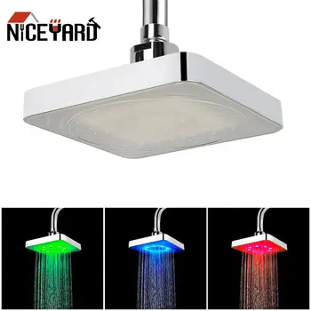 

7 Colors Gradual Changing LED Shower Head 3 Colors Temperature Sensor Rainfall Top Spray Square Fixed Showerhead No Batteries