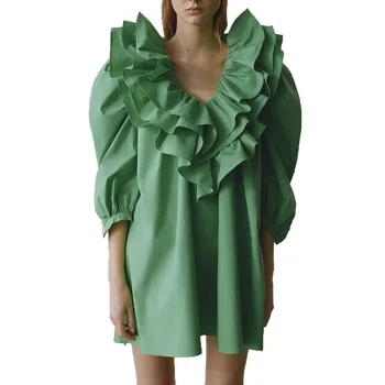 

2020 summer dress women casual green dress ruffle women clothes long sleeve dress vestidos
