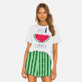 

Korean Cartoon Print 2 Pieces Women Pajamas Sets O-neck Short Sleeve Shorts Female Sleepwear 2020 Casual Loose Lady Pajamas Set