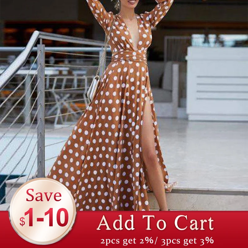 Богемное Макси платье 2019 женское Бохо сарафан в горошек пикантное с разрезом