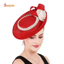 Красные большие винтажные шляпы для женщин ручной работы Цветы льняные шляпы с бисером Свадебные шляпы для невесты cappelli matrimonio H382