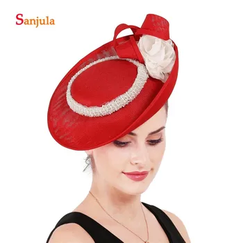 

Red Big Vintage Hats for Women Handamde Flowers Linen Hats with Beaded Wedding Hats for Bridal cappelli matrimonio H382