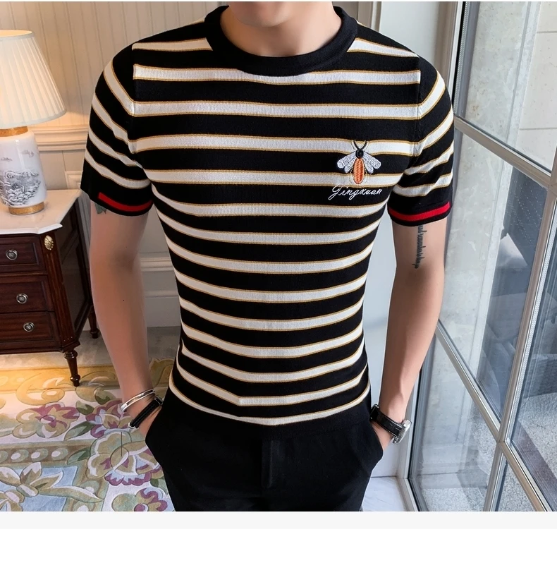 Трикотажная полосатая футболка с круглым вырезом Homme Camiseta Masculina, летний топ, уличная одежда для социальных клубов, облегающая футболка для мужчин