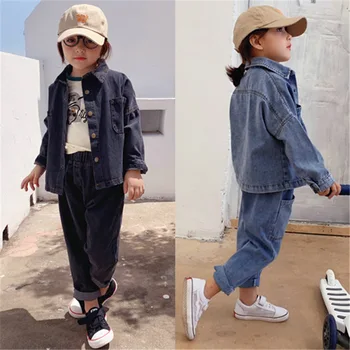 

Spring Autumn Casual Kids Clothing 2 Piece Set Wash Denim Short Jackets+Harem Jean Pants Children Boys Girls Outfits 3-8T