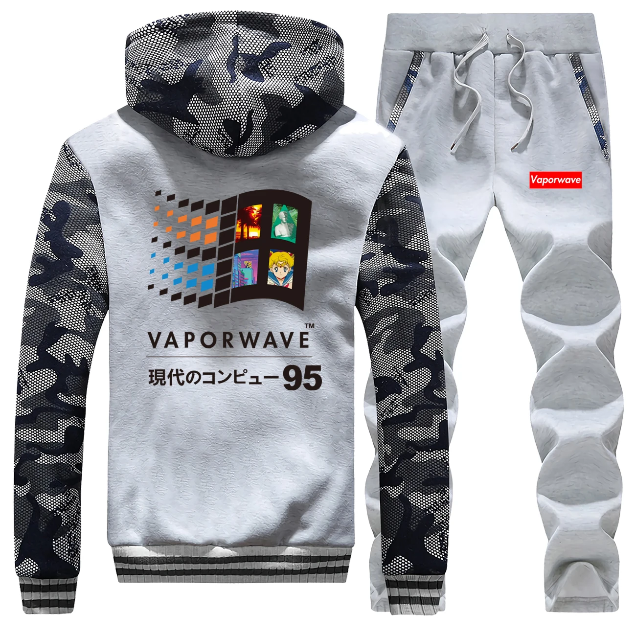 Vaporwave мужские наборы винтажные Ретро японские аниме эстетические камуфляжные куртки Сейлор Мун Харадзюку толстый комплект из двух предметов теплый свитер