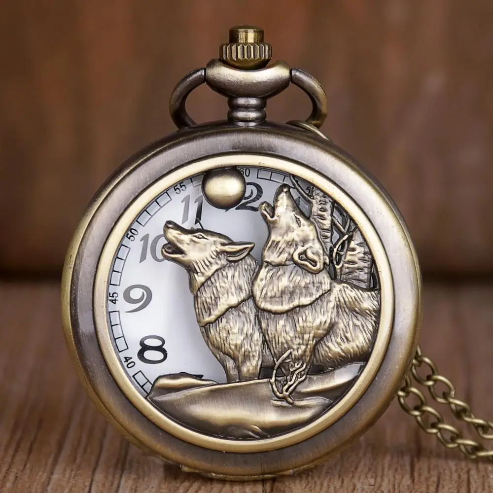 New Vintage Pocket Watches Bronze Moon Wolf Design Hollow Quartz Necklace Pendant Mens Womens Gifts Clock | Наручные часы