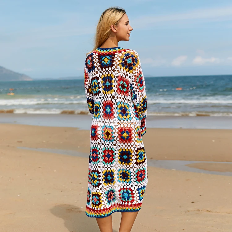 womens bathing suit cover up Women Colorful Long Cardigan Dress Coats Elastic Crochet Beach Coats Hollow Party Cardigan Dress Coats bikini and cover up set