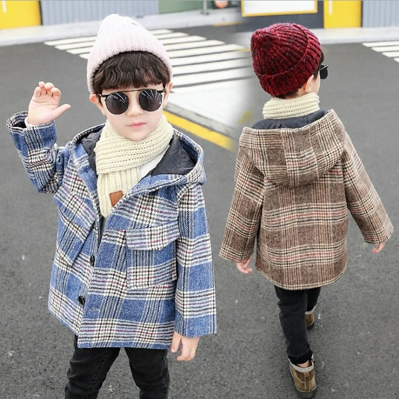 Детская утолщенная шерстяная верхняя одежда, осень-зима, модный клетчатый плащ с капюшоном для мальчиков, детская повседневная куртка верхняя одежда, B358