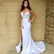 Белые платья для выпускного вечера, сексуальные платья на тонких бретельках с бусинами и жемчужинами, вечерние платья для выпускного