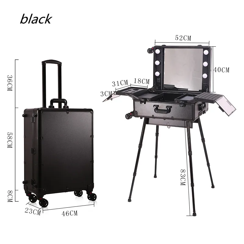 Pink Makeup Artist Suitcase Aluminium Luxury Travel Beauty Manicure Suitcases Mirror Lamp Cosmetic Trolley Tool Box Customized