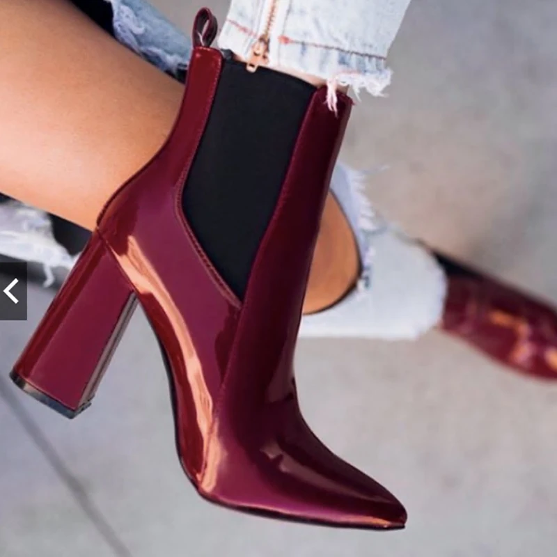 

2020 Women Ankle Boots High Heels Burgundy Stripper Fall Booties Plus Size 42 Punk Boots Fuchsia Block Heels Chunky Short Shoes